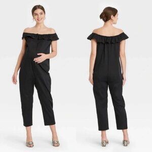 The Nines by Hatch Black Ruffle Neckline Collar Ankle Cropped Jumpsuit